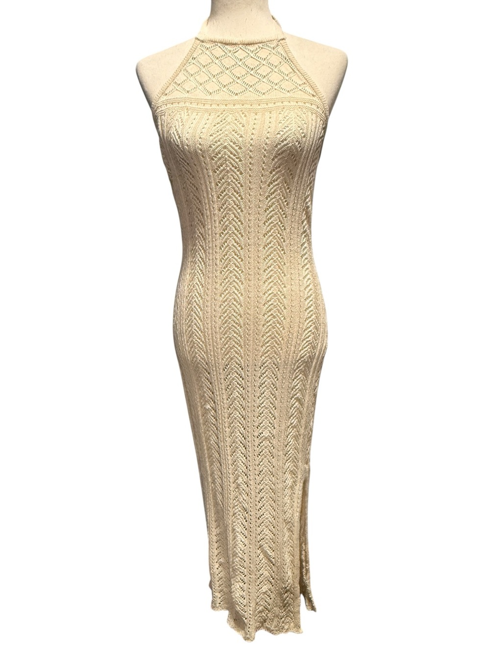 Cream Knit Crochet Halter Maxi Dress Size 1X Coastal Cowgirl Beach Festival Boho